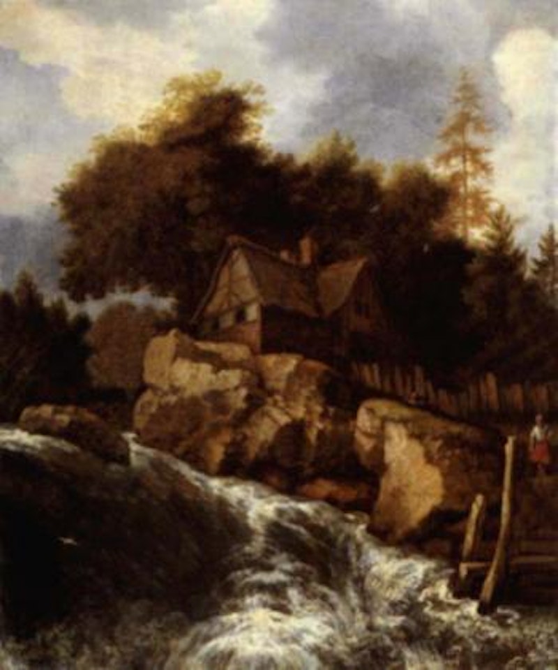 Rocky Nordic landscape with peasants on a path by a waterfall by Allart van Everdingen