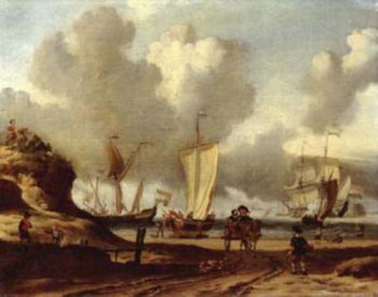 Dune coastal landscape with a couple in horse-drawn wagon by Abraham Storck
