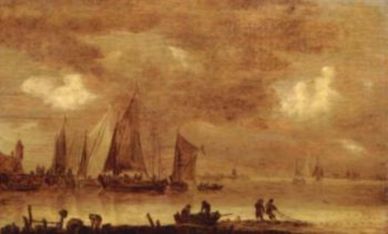 Estuarine landscape with fishermen drawing nets by Jan van Goyen