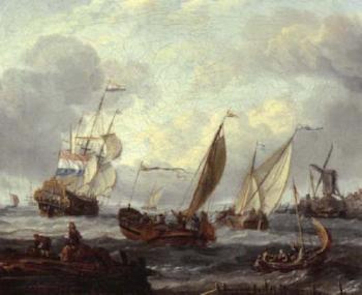 Wijdschepen setting out from a harbour by a windmill with fishermen by Abraham Storck