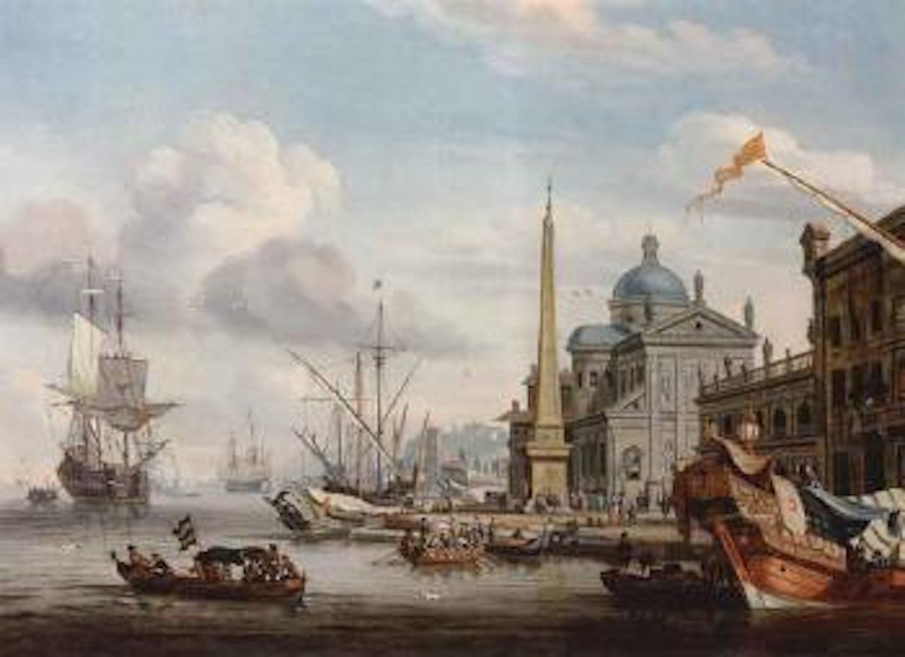 Capriccio of an elegant Mediterranean harbour by Abraham Storck