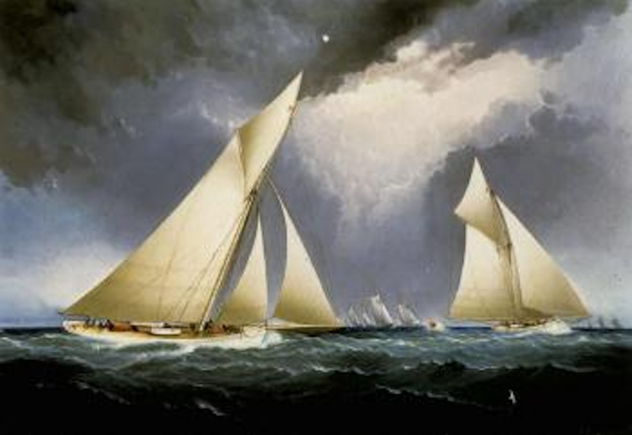 Mayflower leading Puritan in America's Cup trial race by Attributed to James Edward Buttersworth