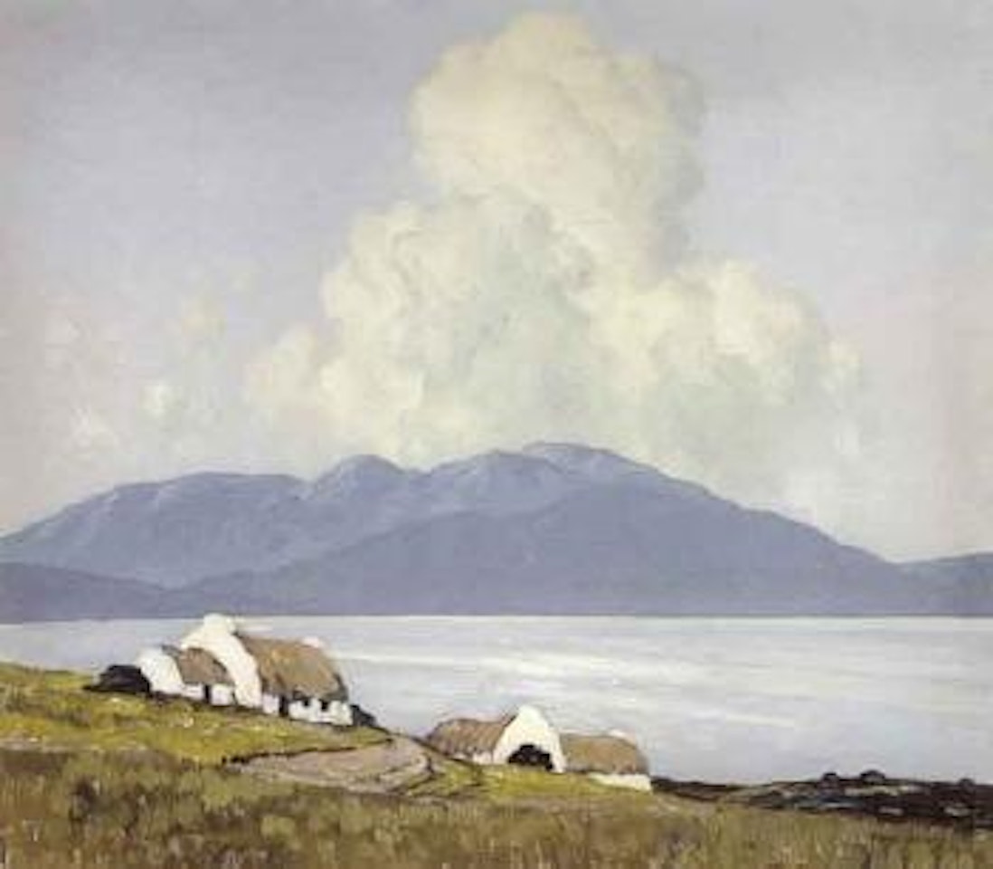 Cottages on the banks of a lough - calm day by Paul Henry