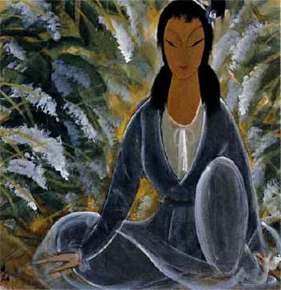 Lady sitting in front of the flower bed by Lin Fengmian