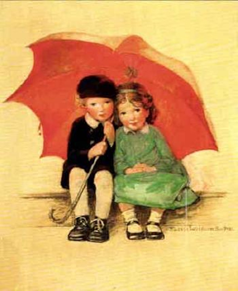Two children seated on curb under an umbrella by Jessie Willcox Smith