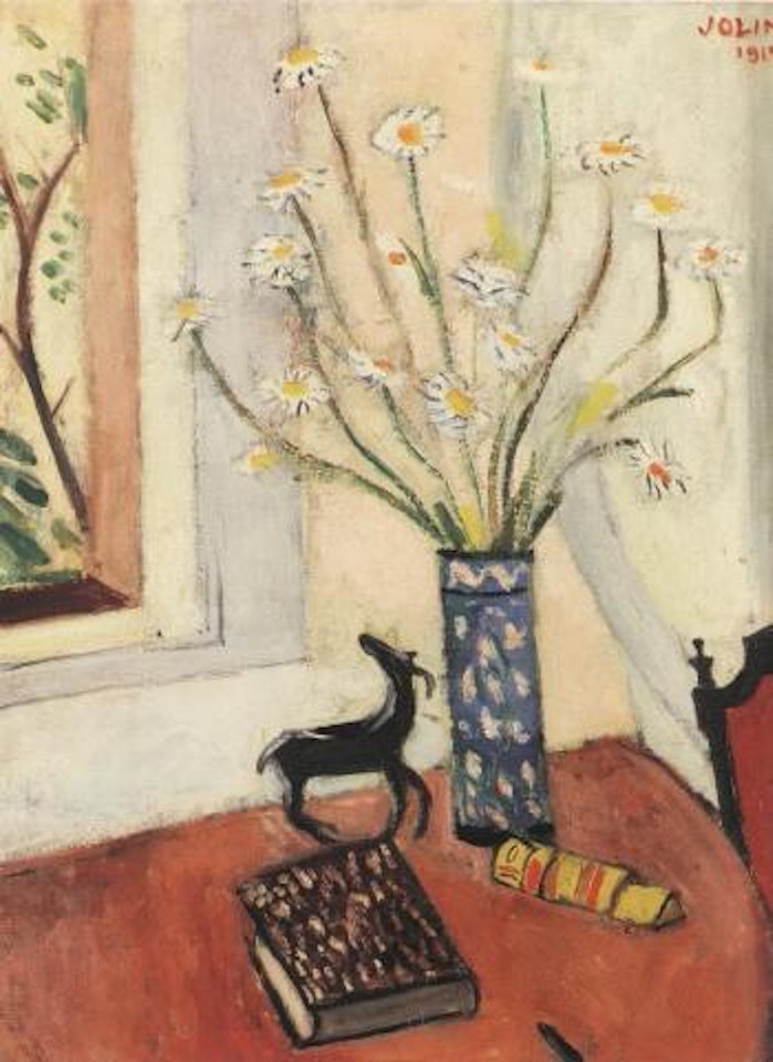 Still life of book and daisies in vase by Einar Jolin