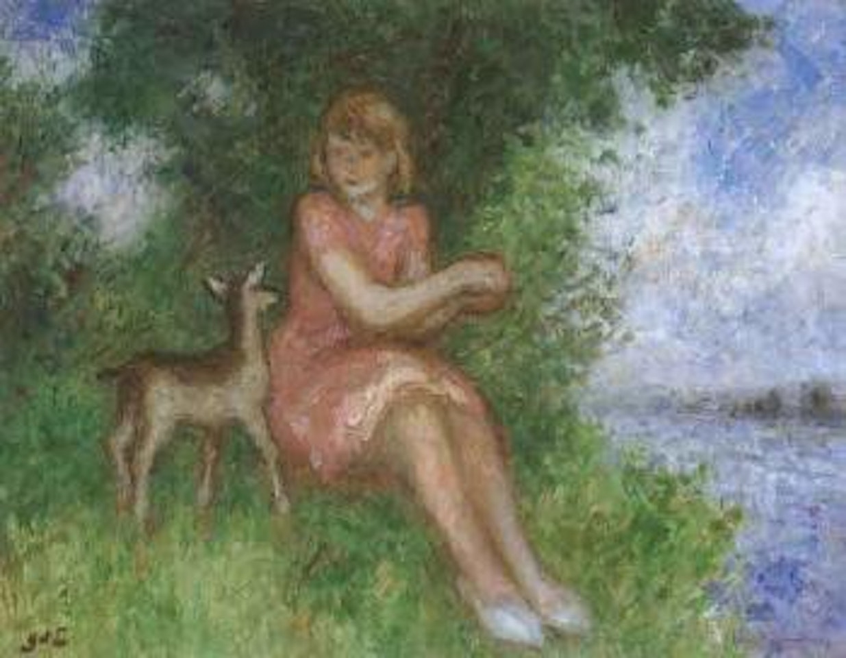Jeune fille et petit faon au bord de la riviere by Georges d’Espagnat