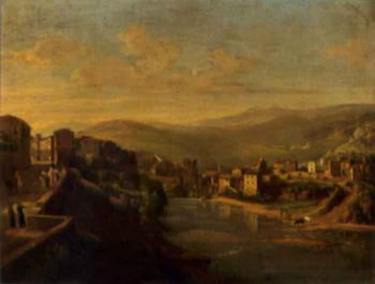 Italianate riverside town at dusk by Italian School