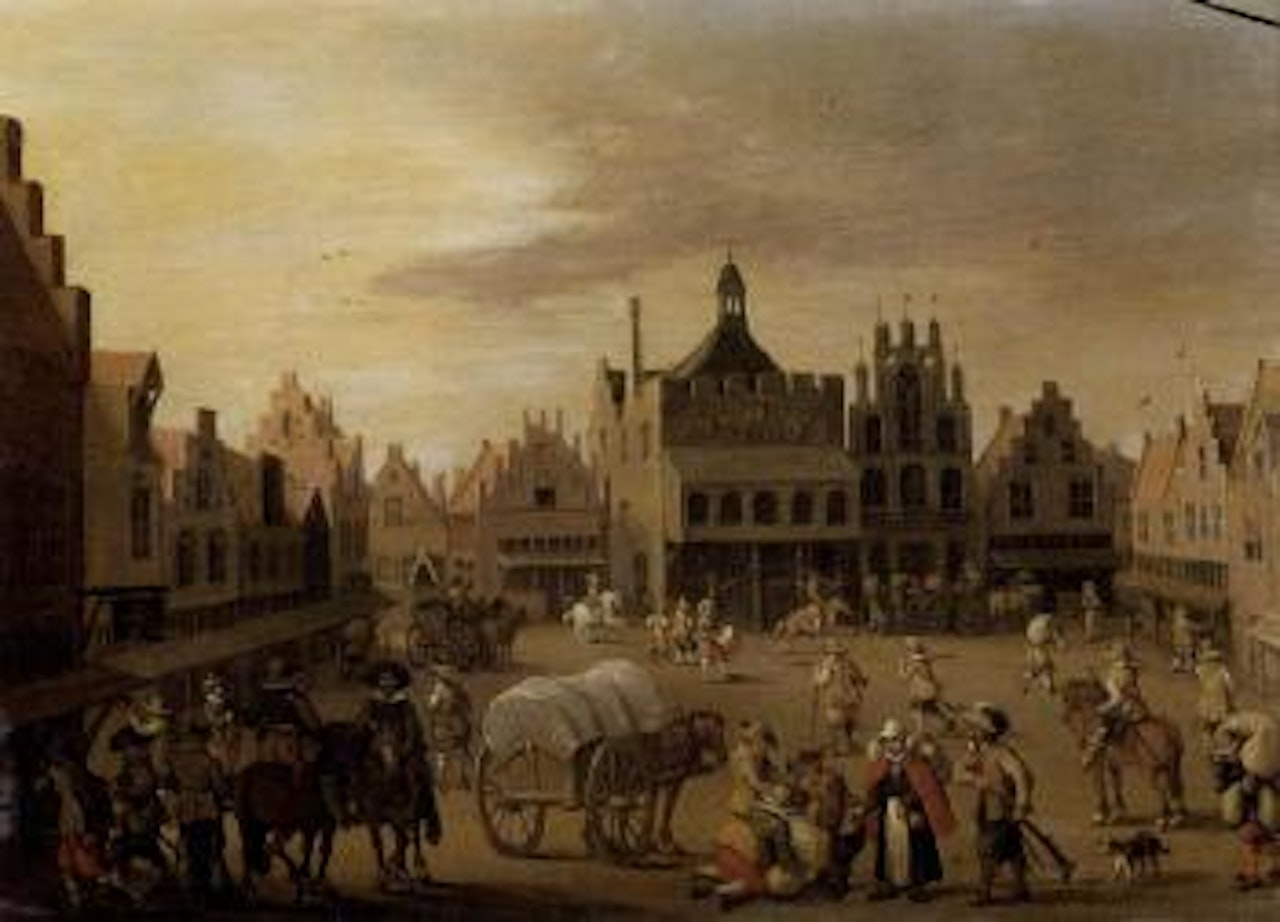 View of a square in Amersfoort with figures by Joost Cornelisz Droochsloot