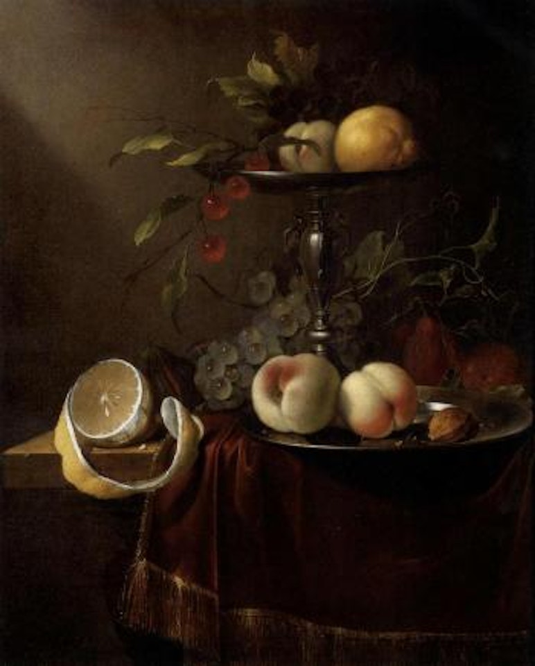Still life of peaches, grapes and cherries on a silver tazza, with other fruit on a table by Jan Davidsz de Heem