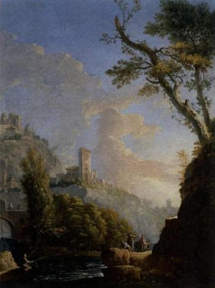 Landscape with washerwoman by a fountain. Riverscape with fishermen by Carlo Bonavia