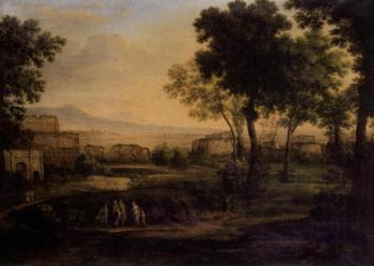 Figures in a landscape with ruined buildings beyond by Claude Lorrain