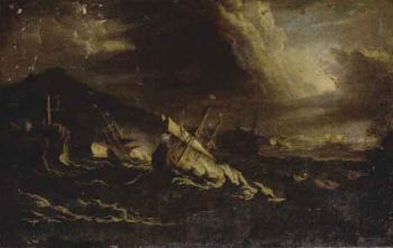 Coast landscape with ships in a storm by Pieter Mulier II