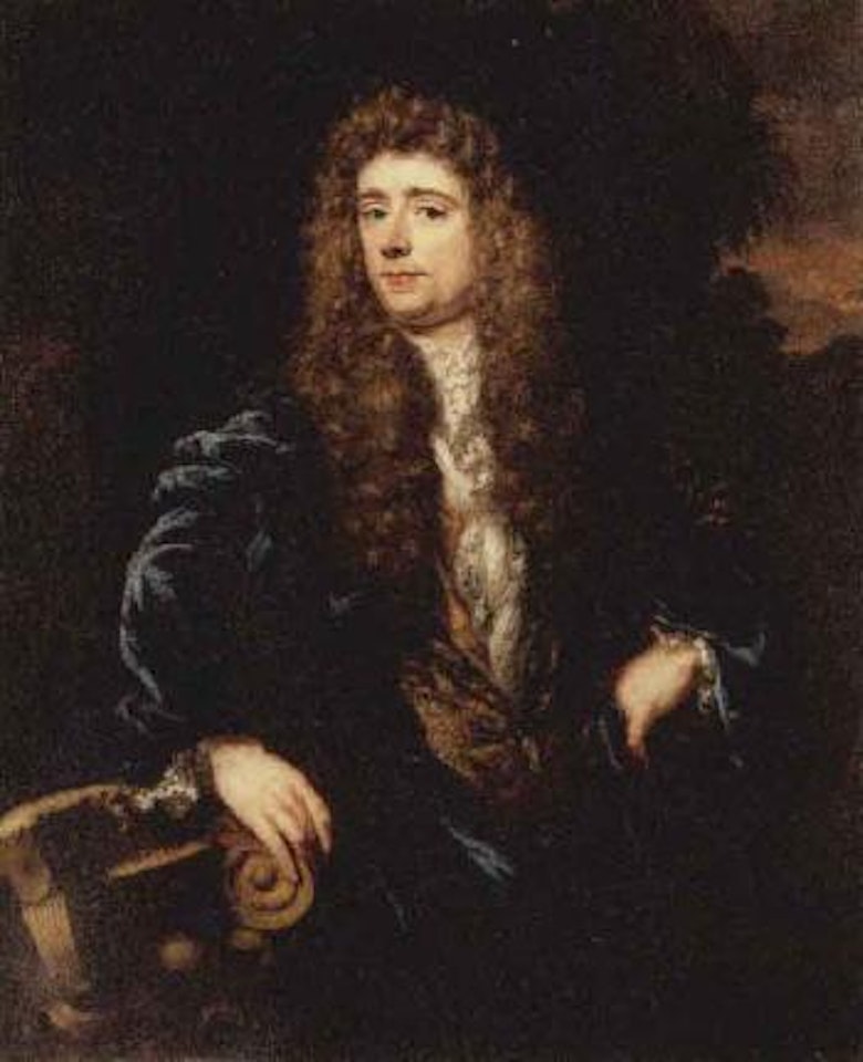 Portrait of a gentleman in a blue jacket, landscape beyond by Nicolaes Maes