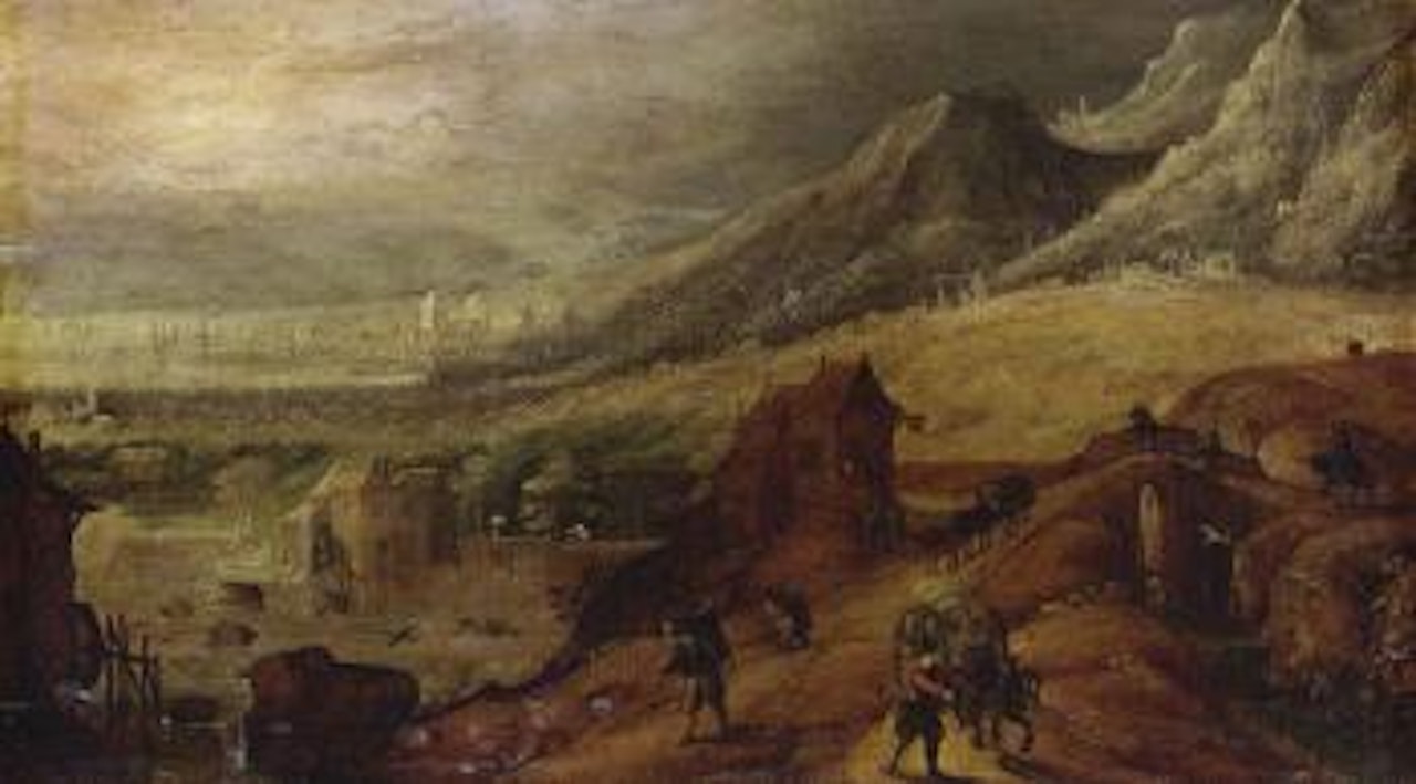 Mountainous landscape with peasants on a path, port beyond by Joos de Momper the Younger