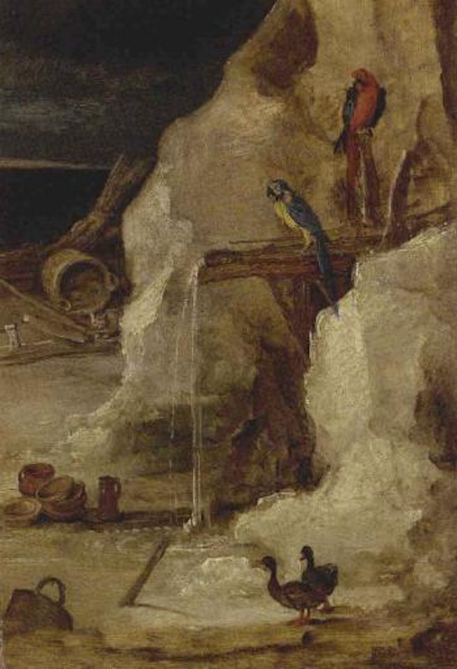 Rocky landscape with parrots and ducks by Joos de Momper the Younger