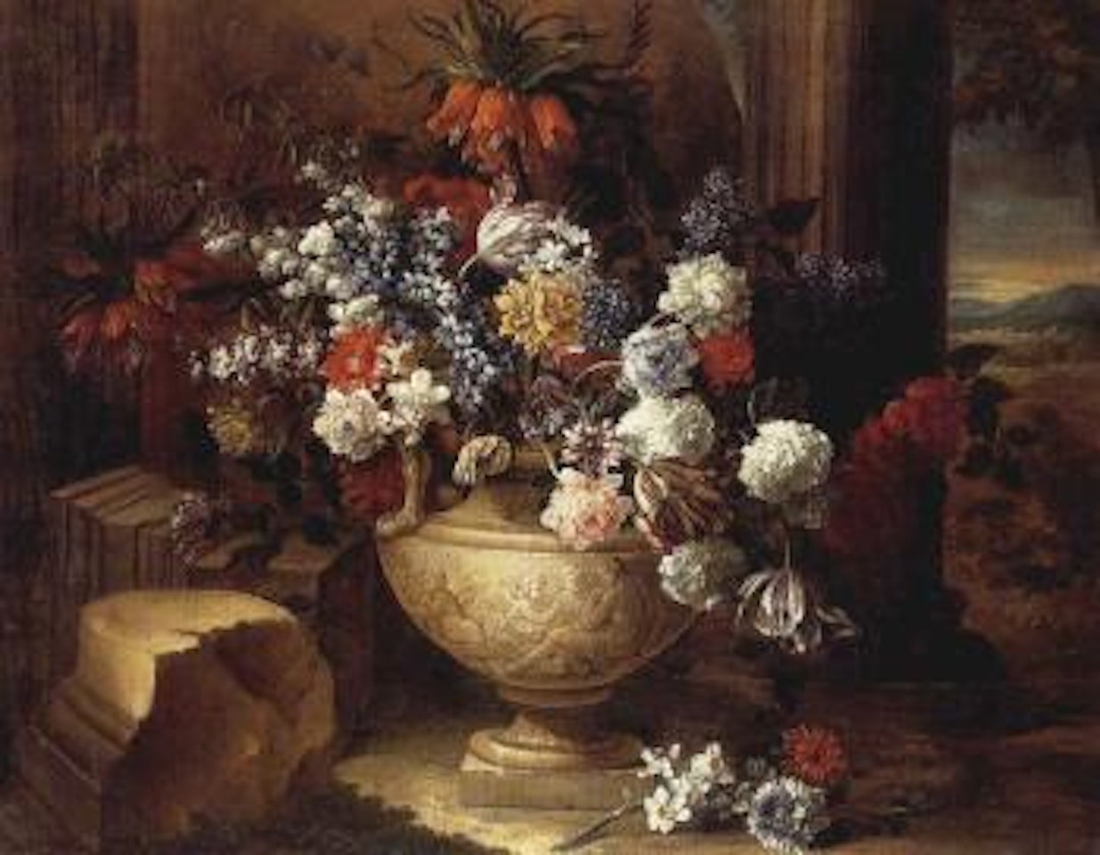 Tulips, lilacs and other flowers in a sculpted vase, before a column, landscape beyond by Jean Baptiste Monnoyer