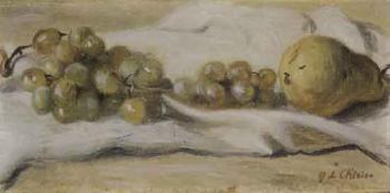 Still life with white grapes and pear on cloth by Giorgio de Chirico