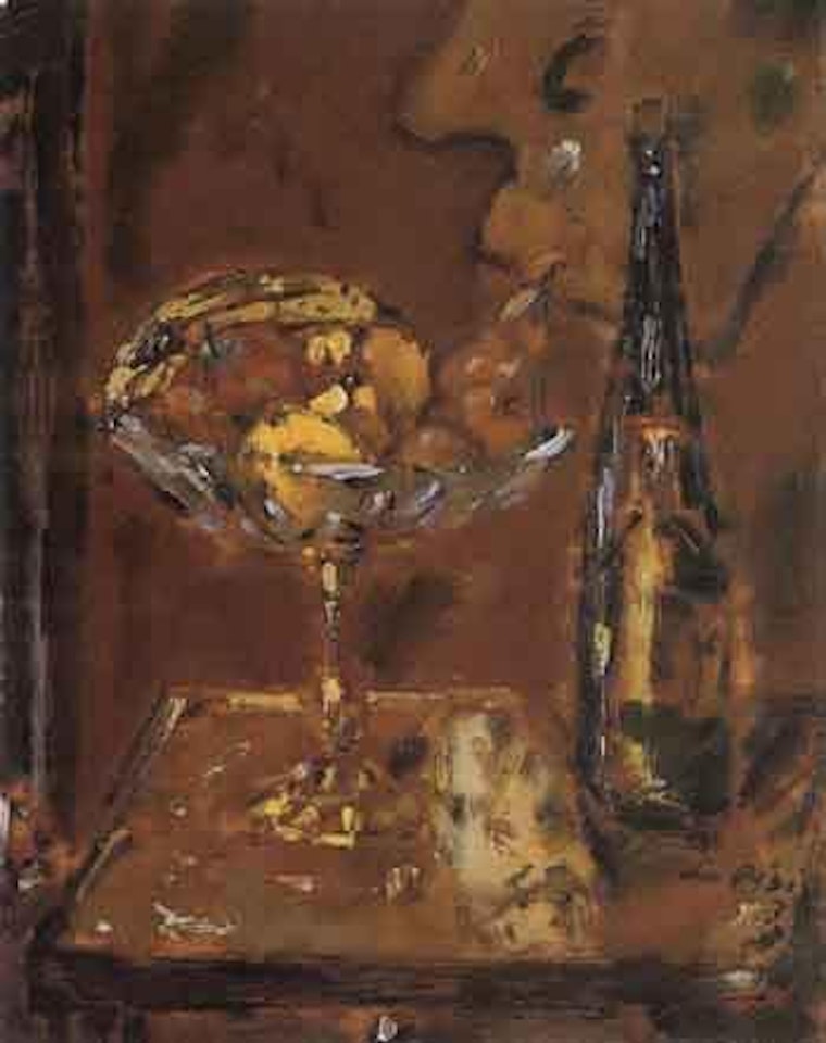 Interior with composition of fruit bowl and bottle by Filippo de Pisis