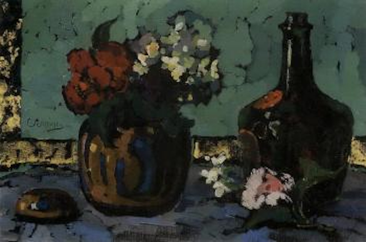 Still life with flowers in a vase and a bottle on a table by Pieter Wenning