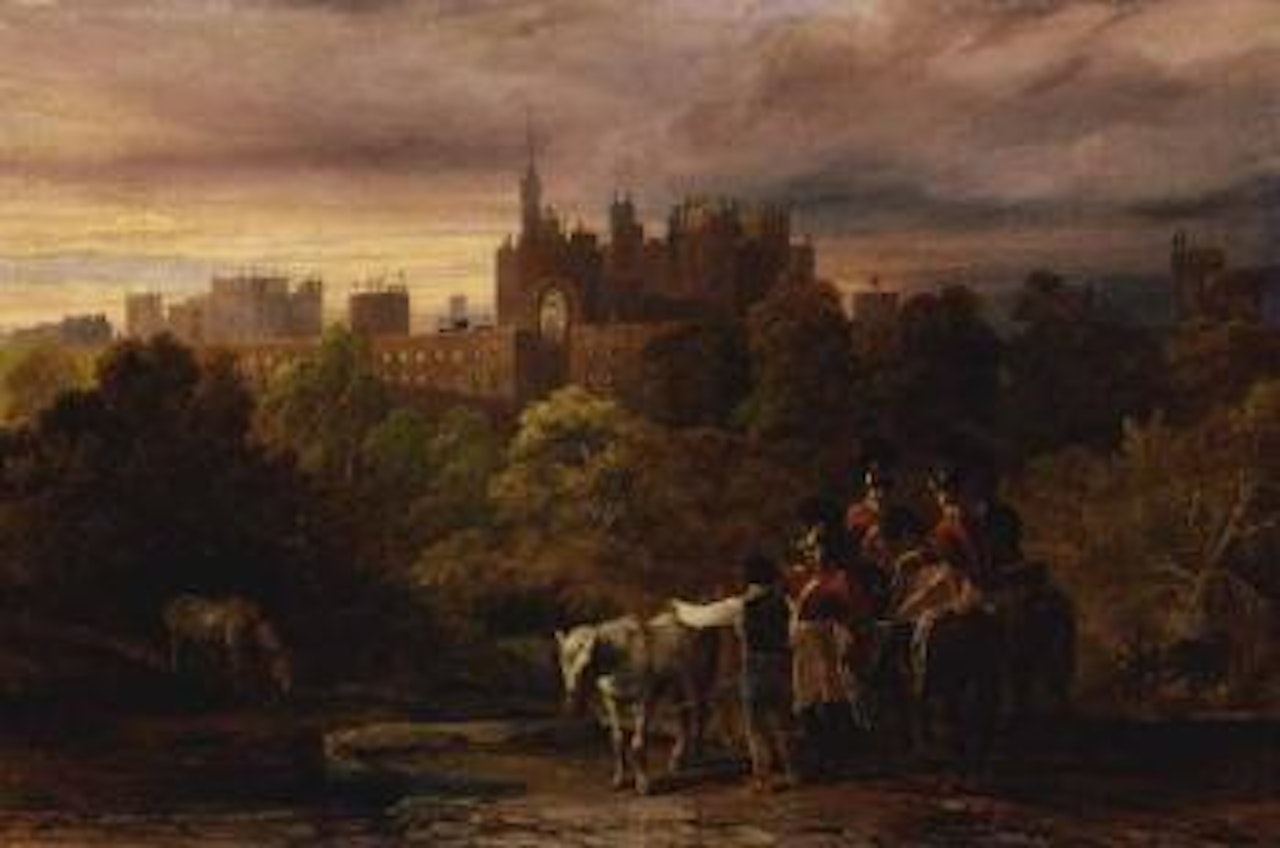 View of Alnwick Castle from the south, with soldiers and horses in the foreground by English School