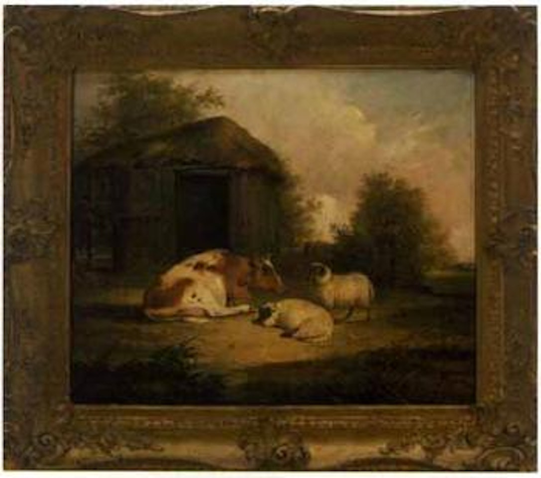 Cow and sheep outside a barn by Thomas Sidney Cooper