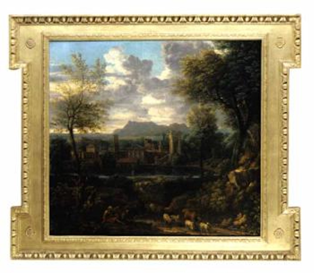 Italianate landscape, with figures and livestock in the foreground and classical buildings beyond by John Wootton