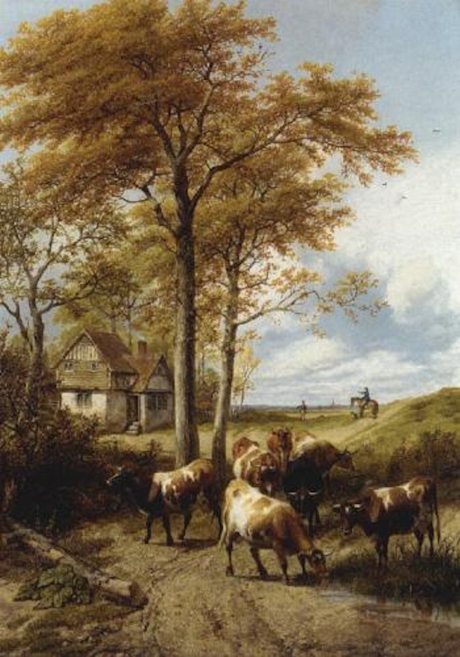 Cattle by a cottage , and a rider with his dog, Canterbury beyond by Thomas Sidney Cooper