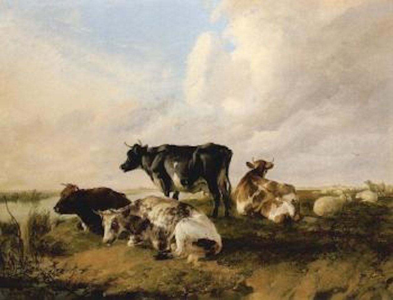 Bull, cows and sheep in a river landscape by Thomas Sidney Cooper