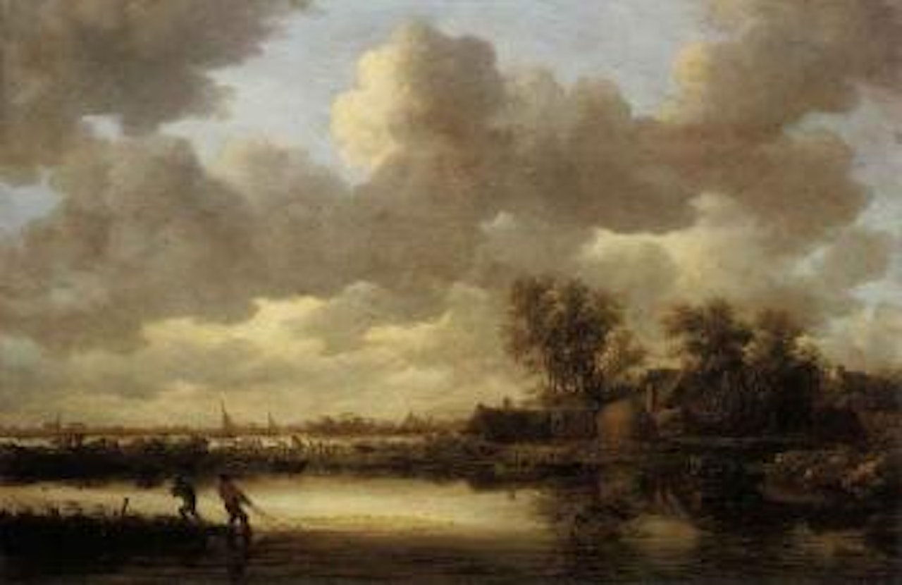 River landscape with fishermen drawing in their nets near a village by Jan van Goyen