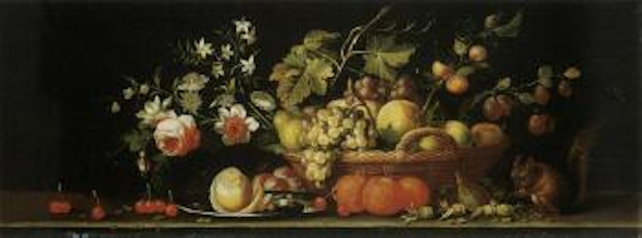 Still lifes with fruit and flowers on a stone ledge by Pseudo Simons
