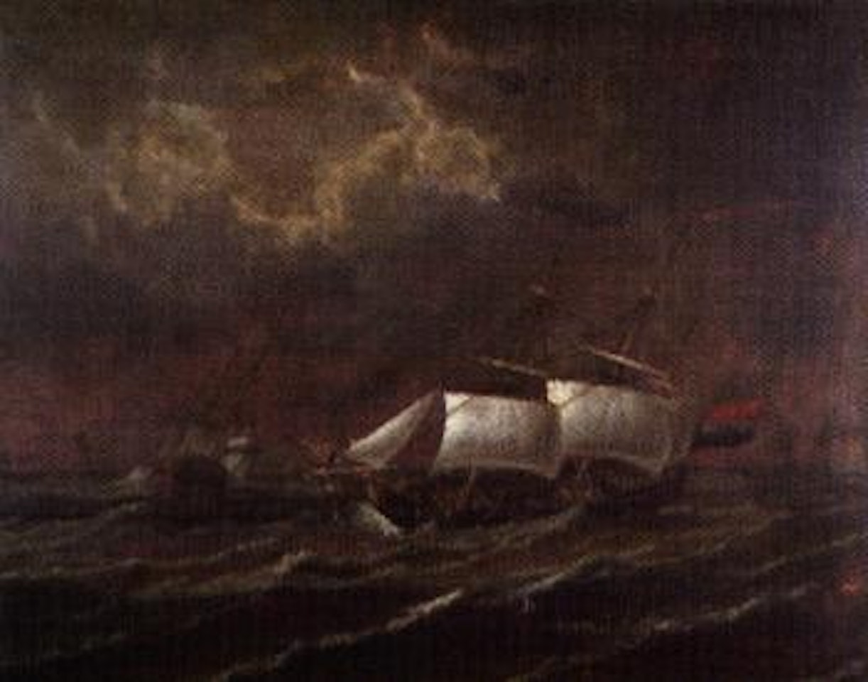 Dutch boats on rough sea by Pieter van de Velde