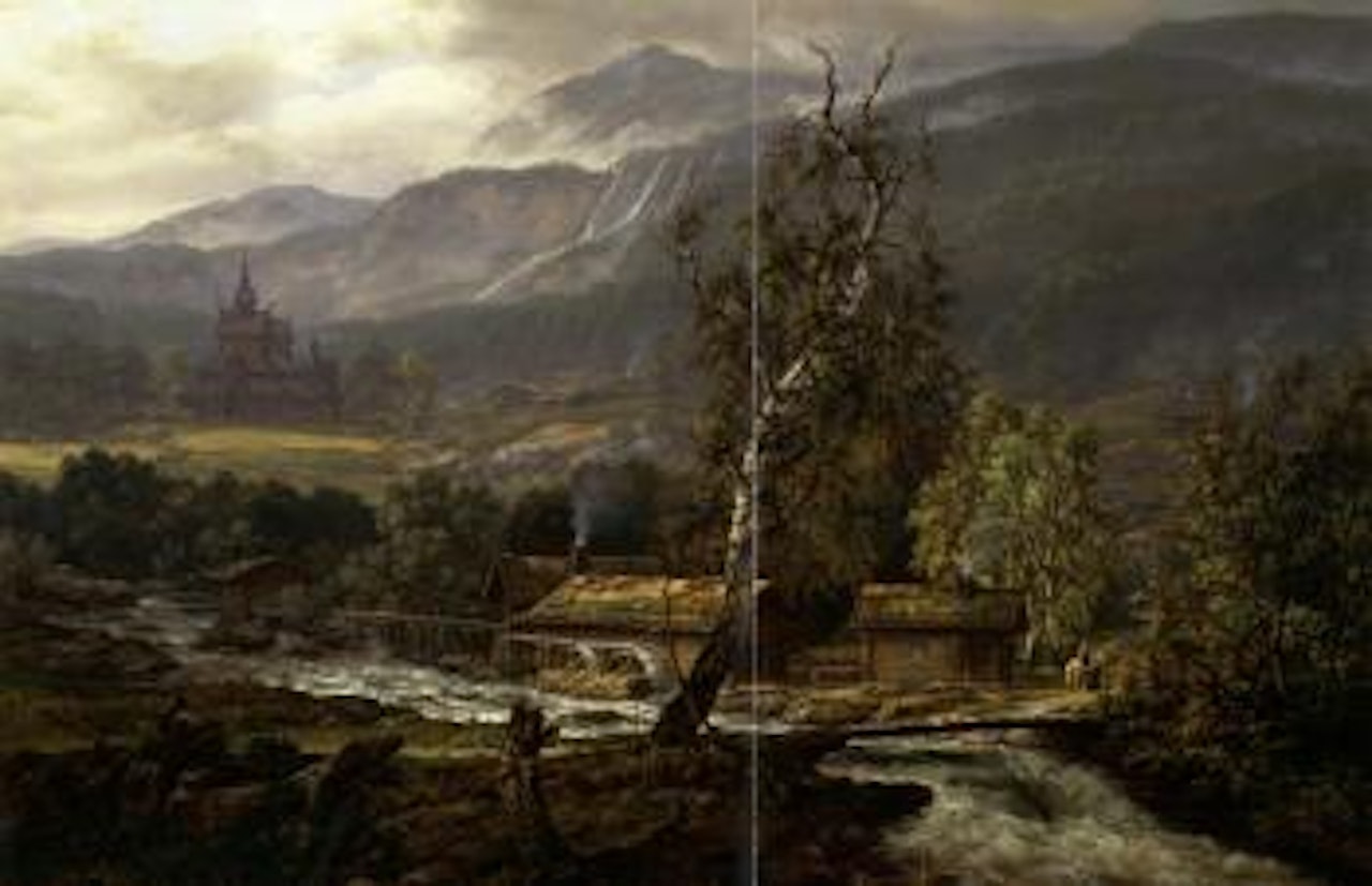 Landscape in Kaupanger with stave church by Johan Christian Clausen Dahl
