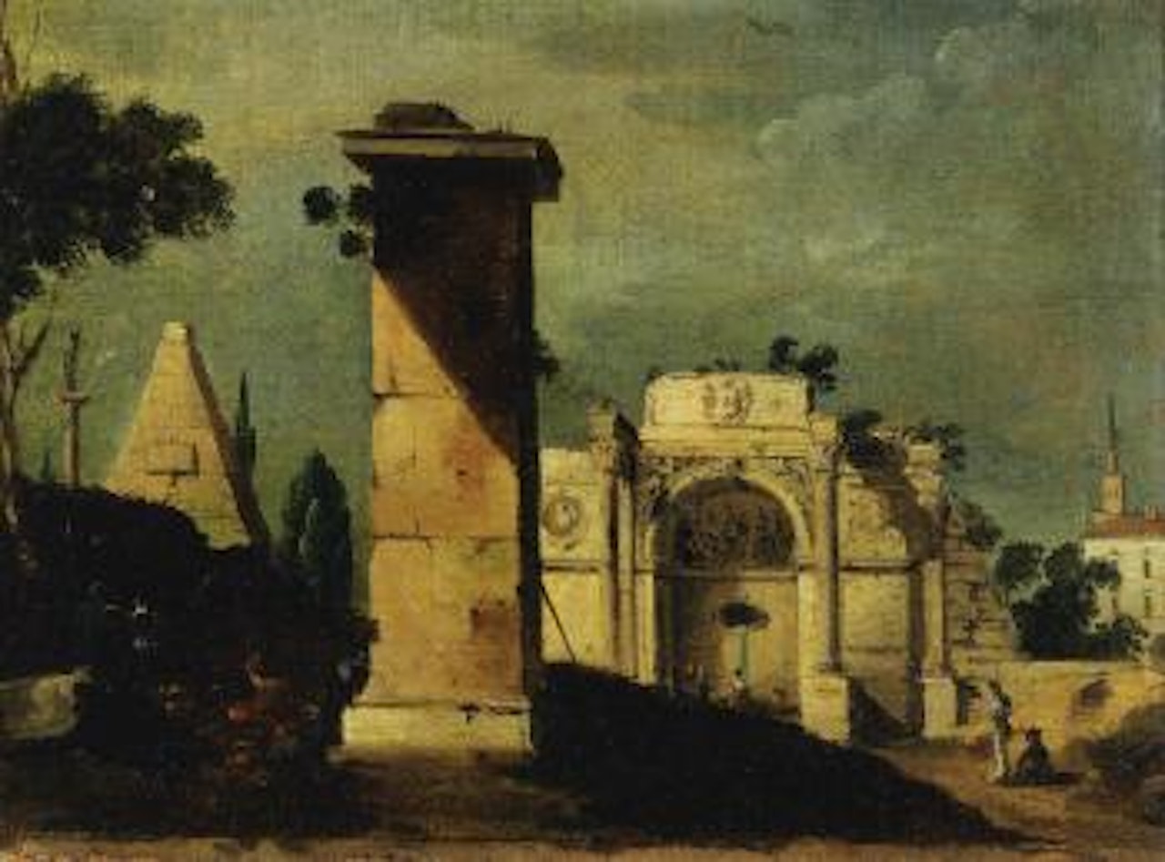 Ancient ruins with column and pyramid by Giuseppe Bernardino Bison