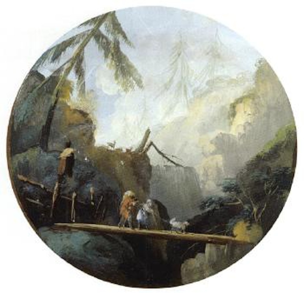 Alpine . with travellers on bridge by Giuseppe Bernardino Bison