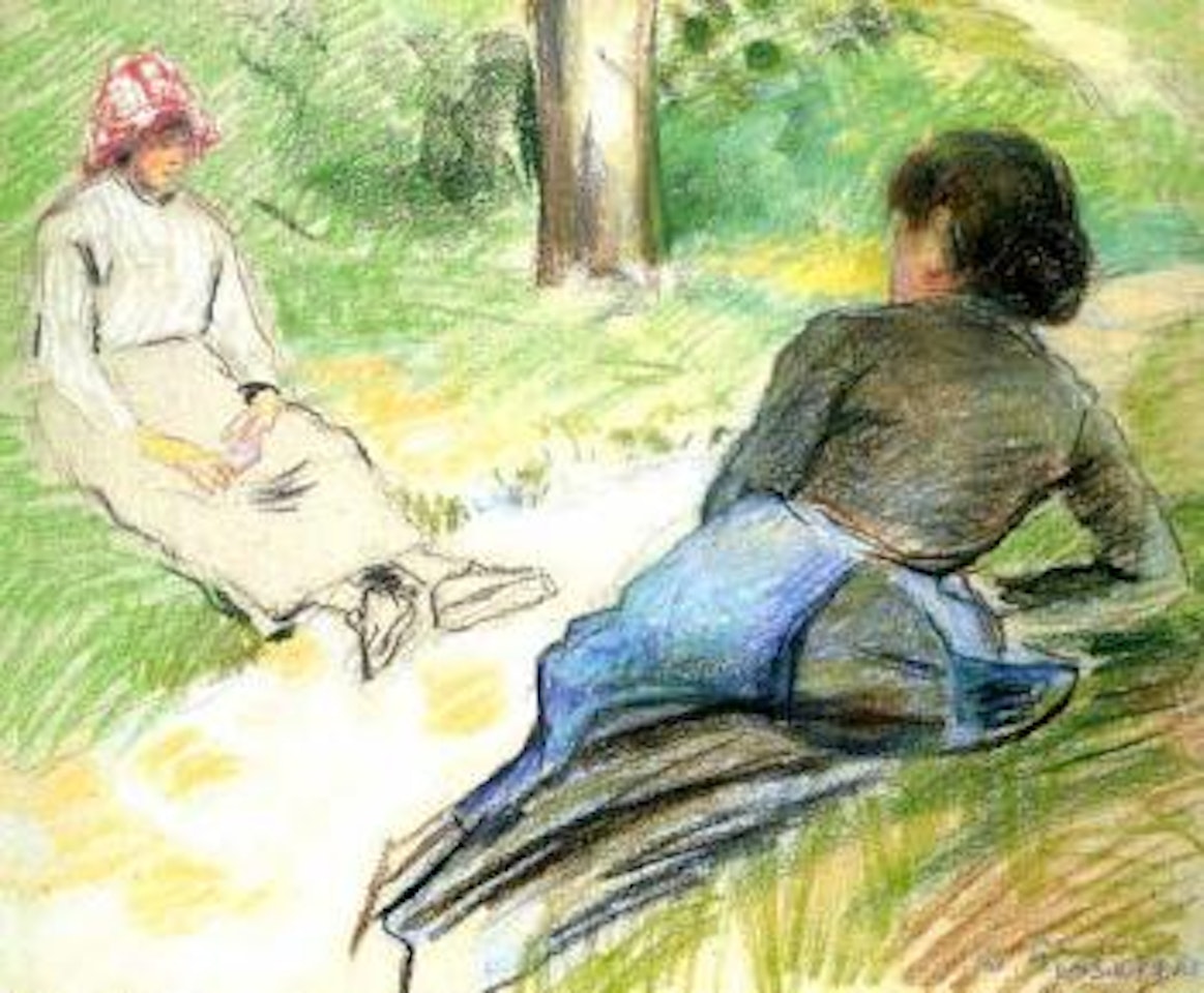 Deux paysannes assises au bord de chemin by Camille Pissarro