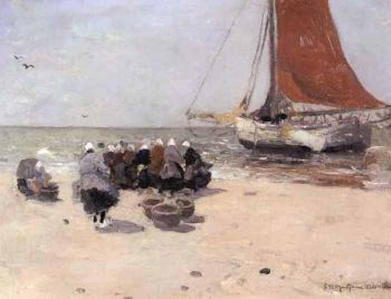 Beach scene with fish sellers near fishing fleet by Gerhard Arij Ludwig Morgenstjerne Munthe