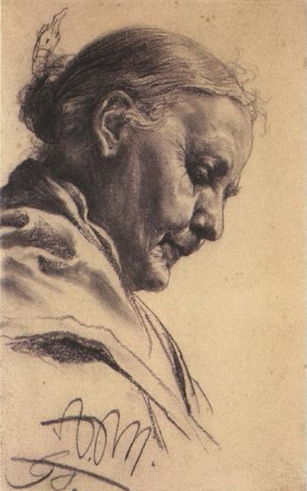 Old woman with a lowered head facing right by Adolph Menzel