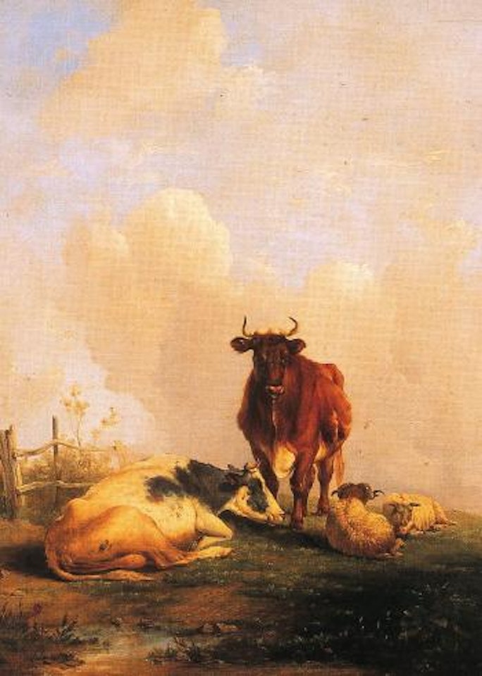 Cattle and sheep resting by fence by Thomas Sidney Cooper