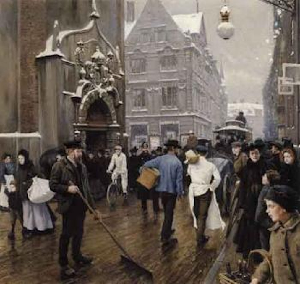 Mild winter weather - street scene from Kobmagergade with figures by Paul Fischer