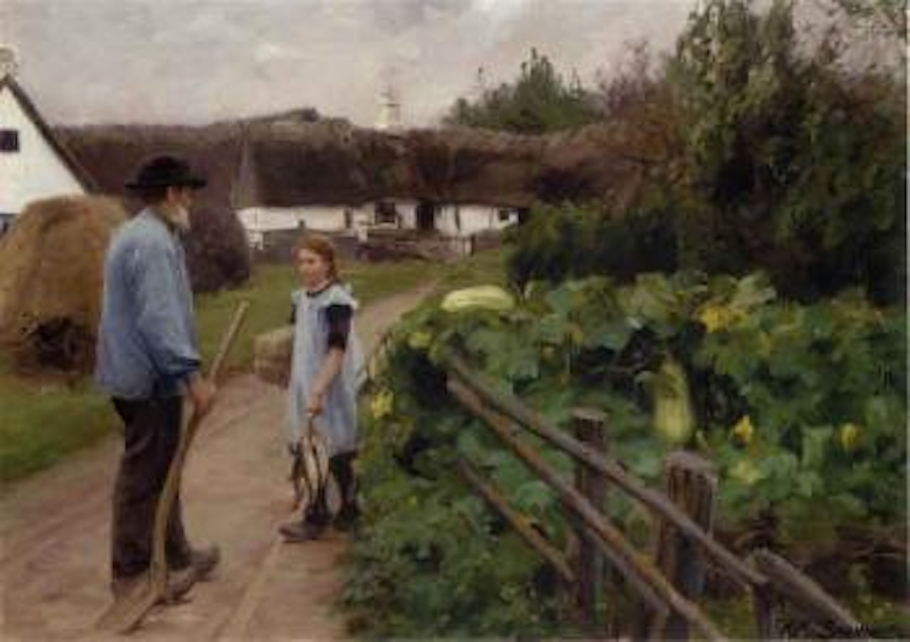 Farmer and young girl talking on country road by Hans Andersen Brendekilde