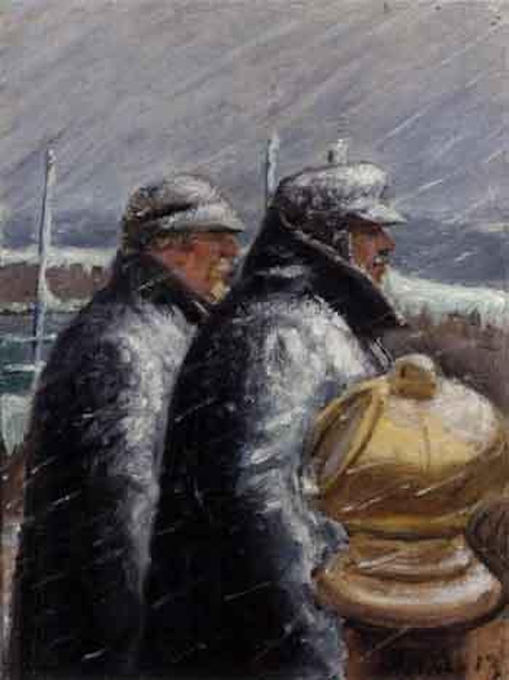 The pilot on the bridge in snow storm by Michael Ancher