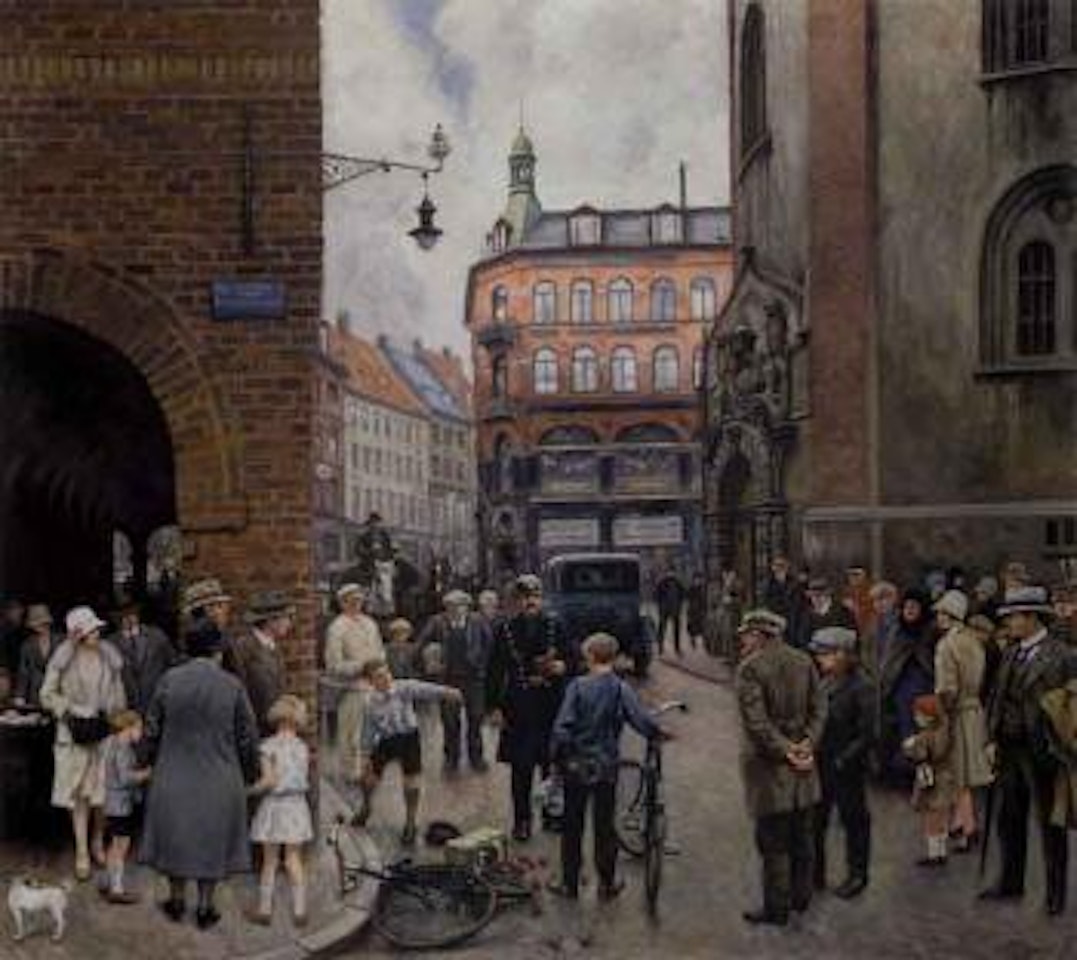 A small accident - street scene with two messenger boys having crashed their bikes by Paul Fischer