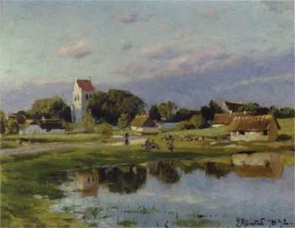 Summer's day in the country with town children by lake, church in background by Peder Mork Monsted