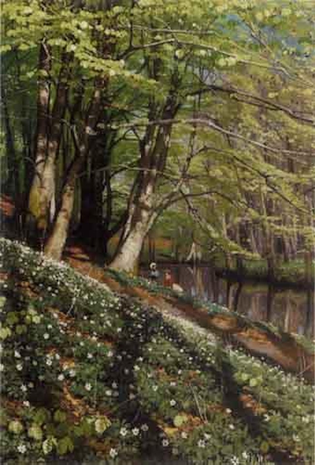 Mother and child picking wood anemones in spring by Peder Mork Monsted