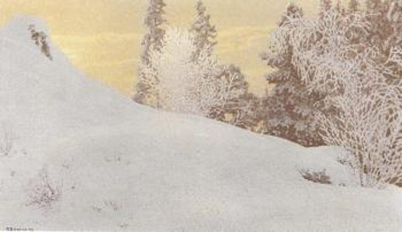 Frosty winter landscape with morning glow by Gustaf Fjaestad