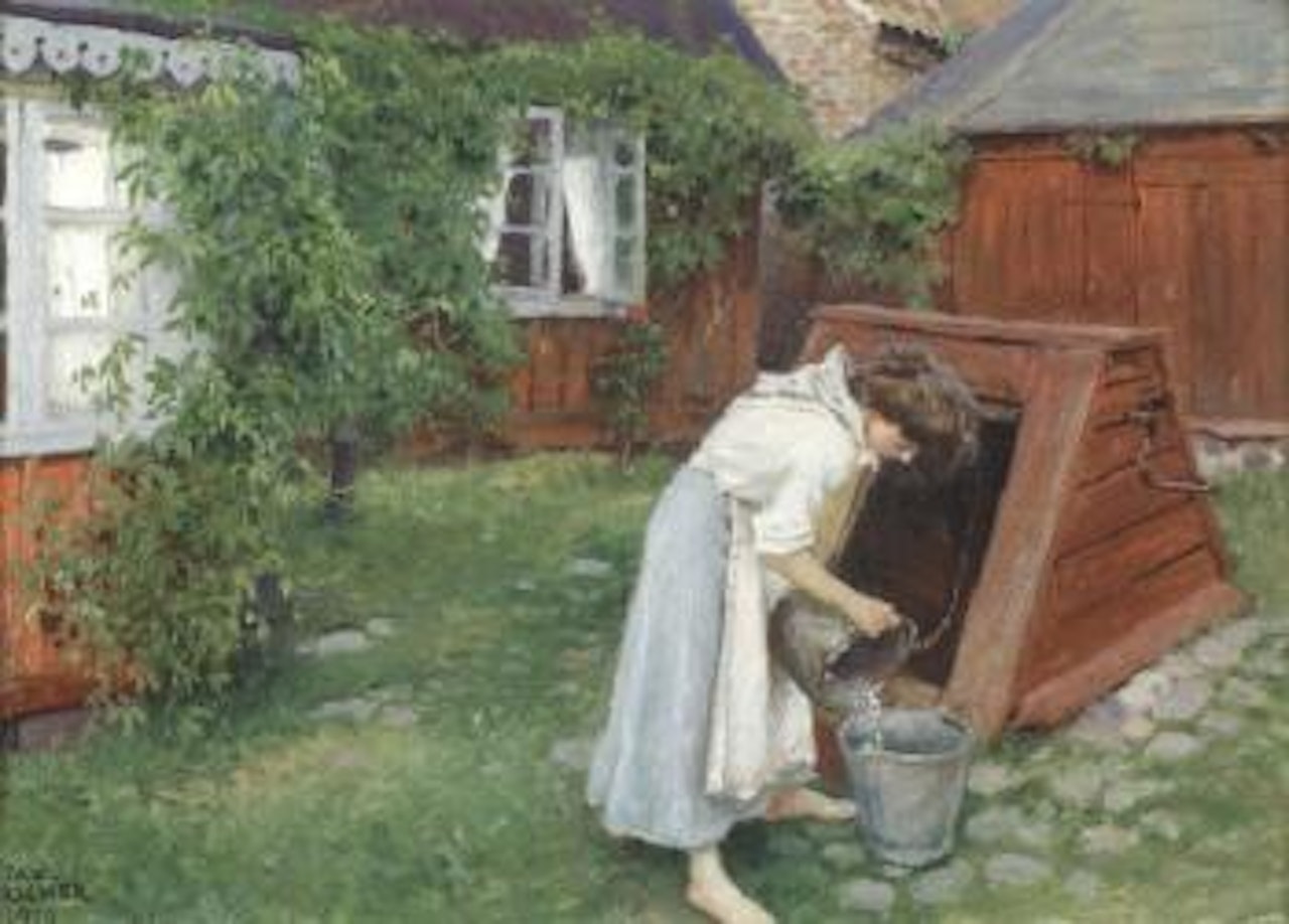 Woman drawing water from well by red cottages by Paul Fischer