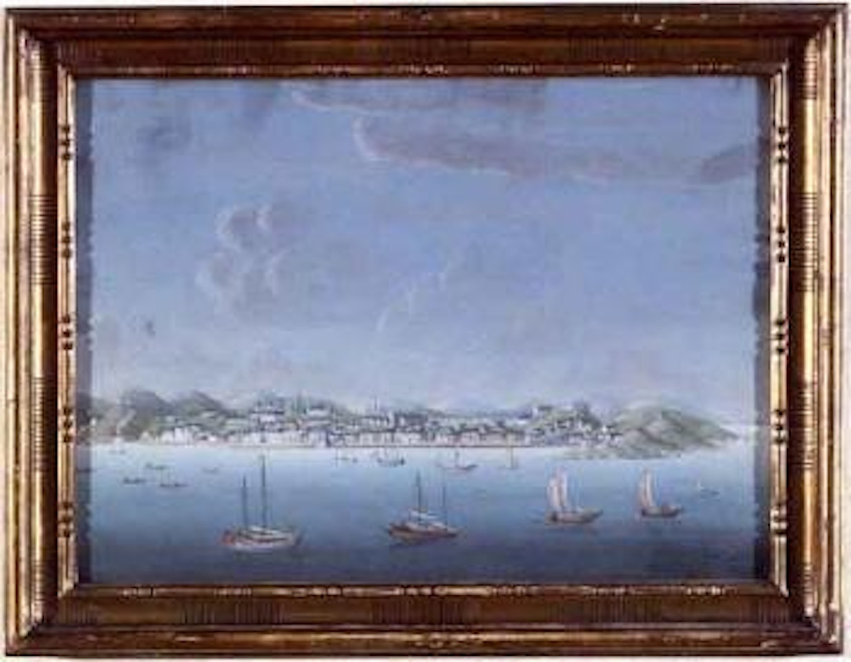 View towards Macao with forts and churches, vessels in foreground by Chinese School