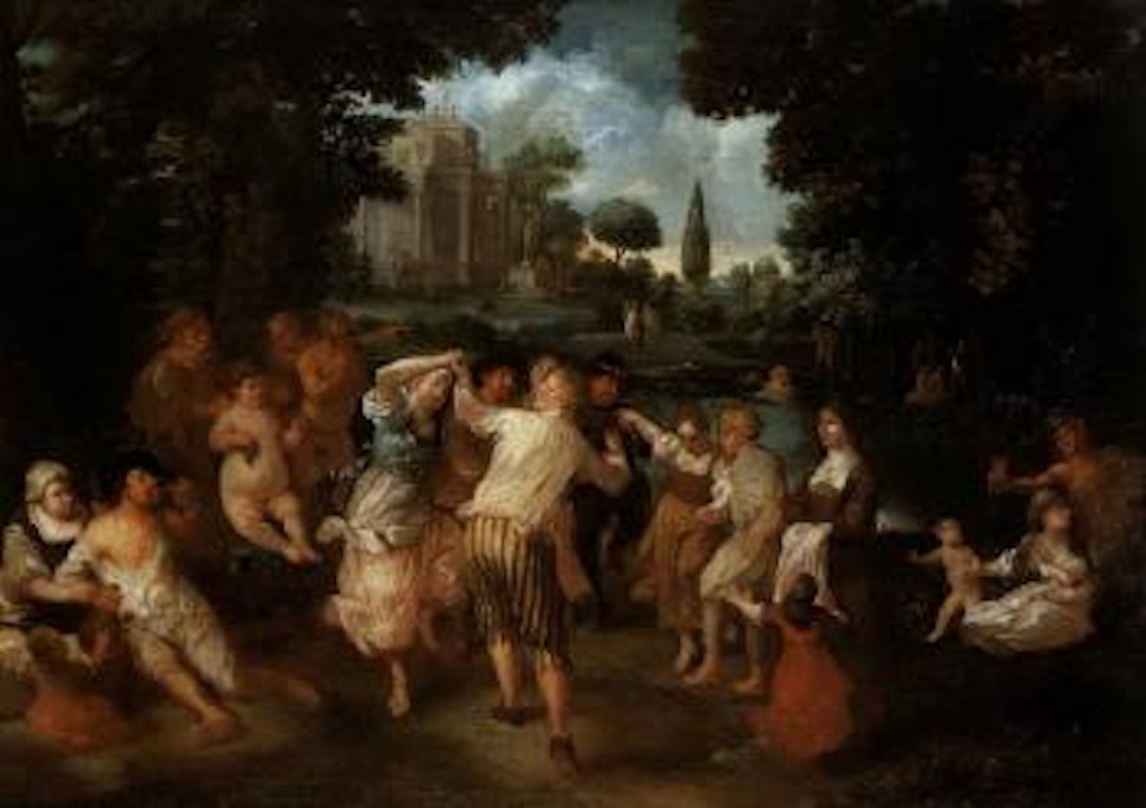 Paysans dansant sur la terrasse d'un palais baroque by German School