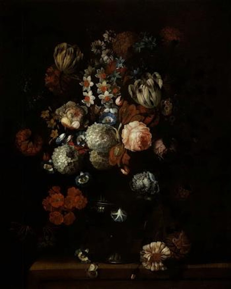 Still life of flowers in a vase on table by Pieter Hardime